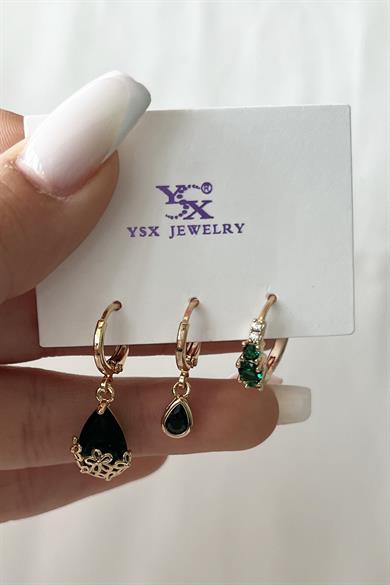 Altın Renk Taş Detaylı VİP 3lü YSX Küpe Set 