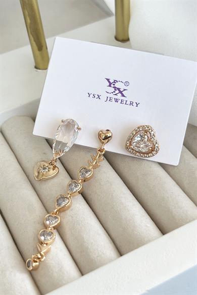 Altın Renk Taş Detaylı VİP 3lü YSX Küpe Set 