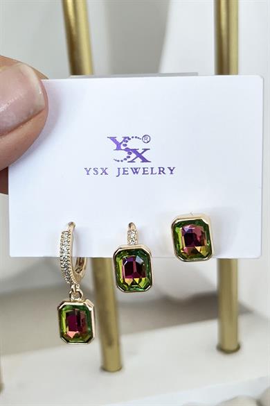 Altın Renk Taş Detaylı VİP 3lü YSX Küpe Set 
