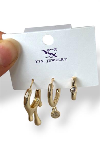 Altın Renk Taş Detaylı VİP 3lü YSX Küpe Set