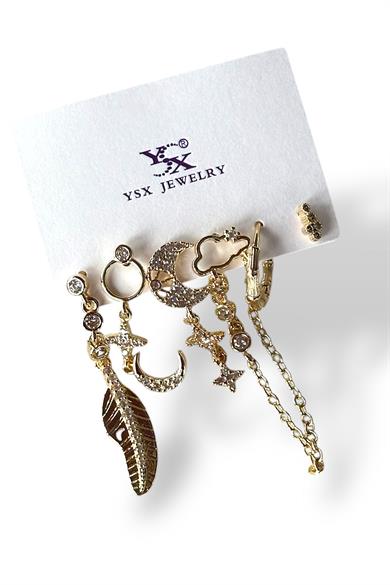 Altın Renk Taş Detaylı VİP 6lı YSX Küpe Set
