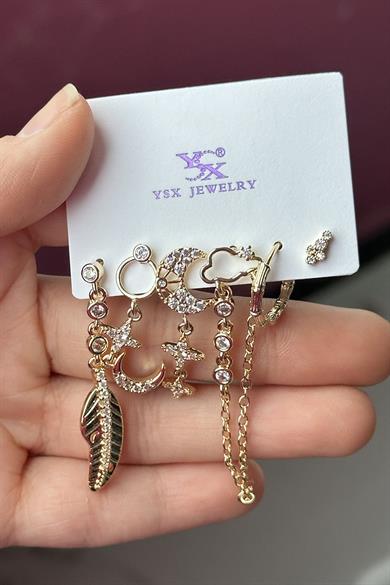 Altın Renk Taş Detaylı VİP 6lı YSX Küpe Set