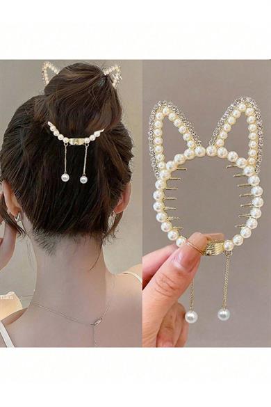 Altın Renk Tavşan Figürlü İnci Detaylı Sallantılı Topuz Tokası