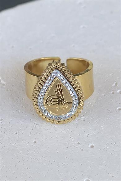Altın Renk Tuğra Figürlü Ayarlanabilir Çelik Yüzük
