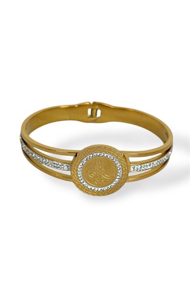 Altın Renk Tuğra Figürlü Taş Detaylı Çelik Kelepçe Bileklik