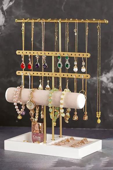 Altın Renk Üç Katlı Saat/Bileklik Takı Standı