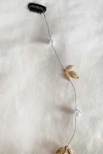 Altın Renk Yaprak Ve İnci Detaylı Çıtçıtlı Saç Aksesuarı 