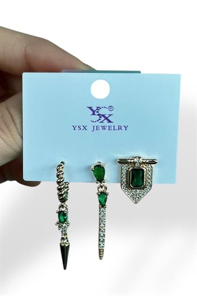 Altın Renk Yeşil Taş Detaylı VİP 3lü YSX Küpe Set 