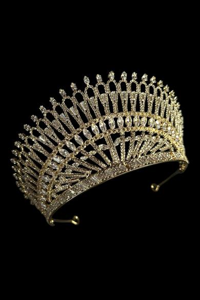 Altın Renk Zirkon Taşlı Gelin/Kına/Nişan/Söz Tasarım Taç