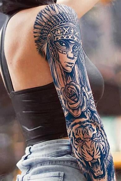 Aslan Ve Kız Figürlü 12 Saat Sonra Kararan Geçici Kol Dövme Tattoo