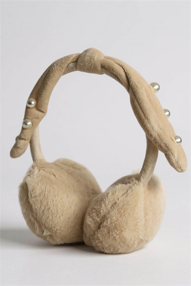 Krem Renk İnci Detaylı Peluş Kulaklık