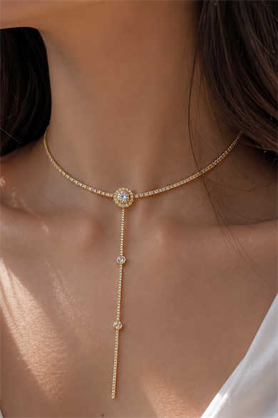 Altın Renk Taş Detaylı 14K Altın Kaplama Vip Choker Kolye