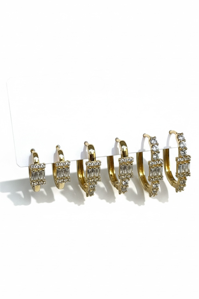 Altın Renk 6lı Taş Detaylı TX 14K Altın Kaplama Küpe Set 