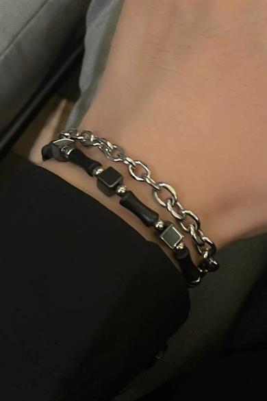 Karışık Renk Zincir Ve Boncuk Detaylı Çelik Erkek Bileklik