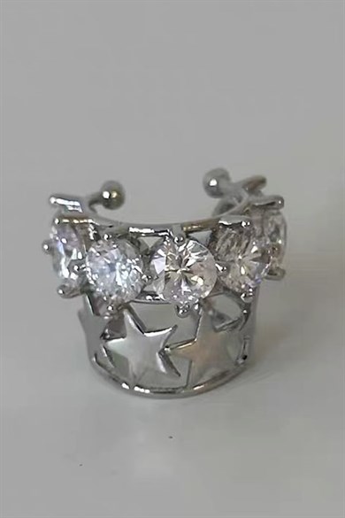 Gümüş Renk Yıldız Detaylı Taşlı Ear Cuff/Kulak Aksesuarı (Tek)