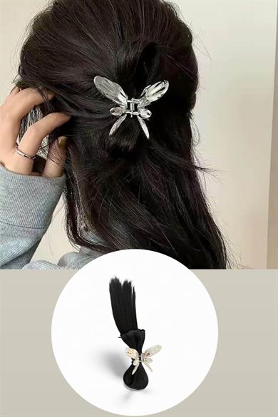 Siyah Renk Dağınık Topuz Efektli Saç Eklentisi Kelebek Figürlü Mandal Toka