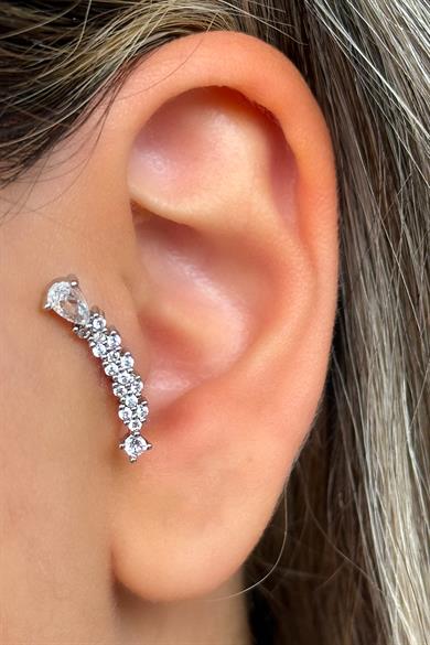 Gümüş Renk Taş Detaylı Çelik Tragus/Kıkırdak Küpe/Piercing (Tek)