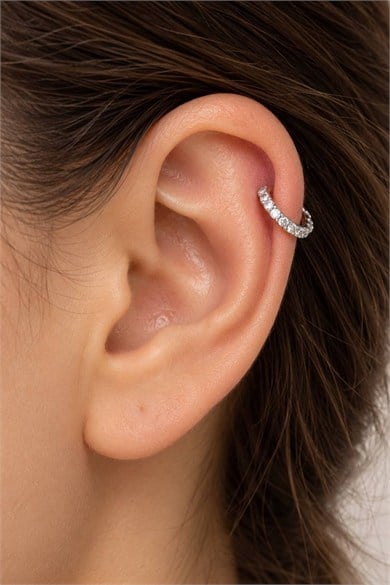 Gümüş Renk Taş Detaylı Cerrahi Çelik Deliksiz Kulak/Burun Piercing 