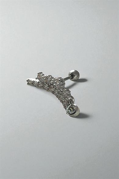 Gümüş Renk Taş Detaylı Çelik Tragus/Kıkırdak Küpe/Piercing (Tek)