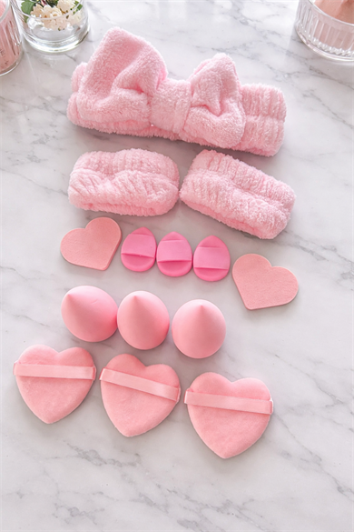 Pembe Renk Kurdele Figürlü Su Emici Havlu Bileklik/Saç Bandı/Makyaj Süngeri Set