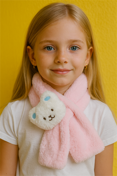 Pembe Renk Ayıcık Figürlü Çocuk Peluş Atkı