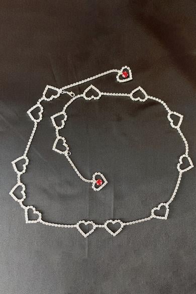 Gümüş Renk Kalp Figürlü Taş Detaylı Tasarım Bel Zinciri/Vücut Aksesuar
