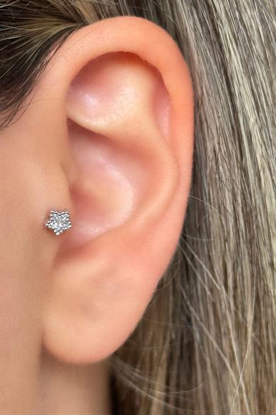 Gümüş Renk Yıldız Figürlü Taş Detaylı Çelik Tragus/Kıkırdak Küpe/Piercing (Tek)