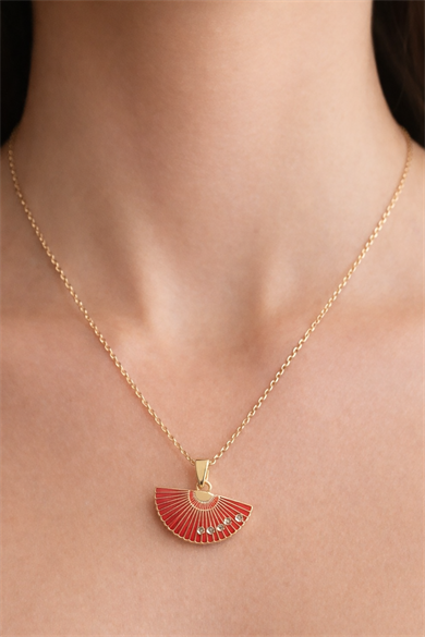 Altın Renk Kırmızı Yelpaze Figürlü Çelik Kolye