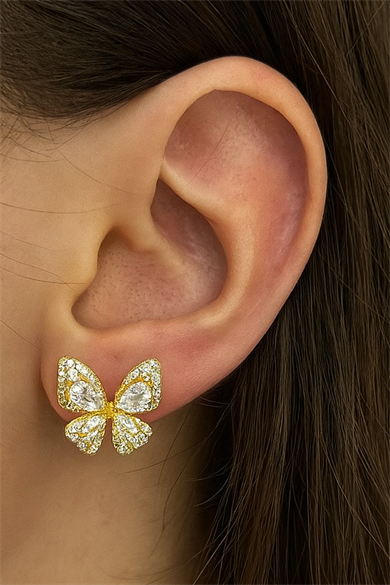 Altın Renk Kelebek Figürlü Taş Detaylı Küpe (Çift)