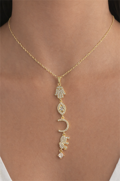 Altın Renk Taş Detaylı Y Kolye