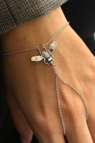 Gümüş Renk Arı Figürlü Taş Detaylı 14K Altın Kaplama TX Şahmeran