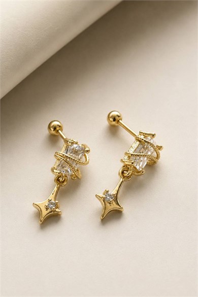 2li Altın Renk Taş Detaylı Tx Tragus/Kıkırdak Küpe/Piercing 