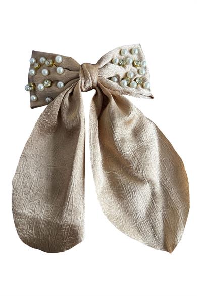 Kahve Renk Kurdele Figürlü İnci Ve Taş Detaylı Otomat Toka