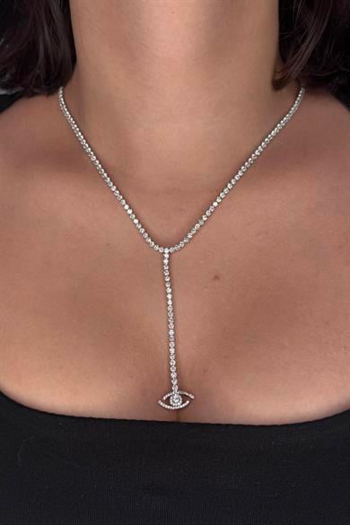 Gümüş Renk Göz Figürlü Su Yolu 14K Altın Kaplama VİP Kolye