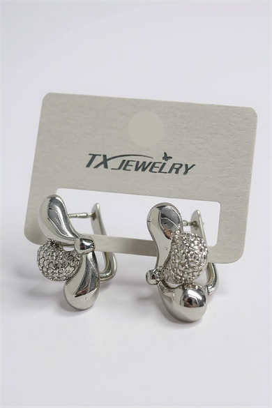 Gümüş Renk Taş Detaylı 14K Altın Kaplama TX Küpe (Çift)