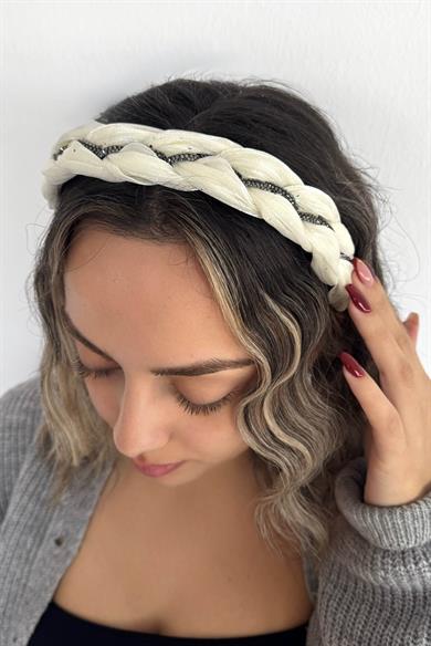 Beyaz Renk Taş Detaylı Örgülü Taç