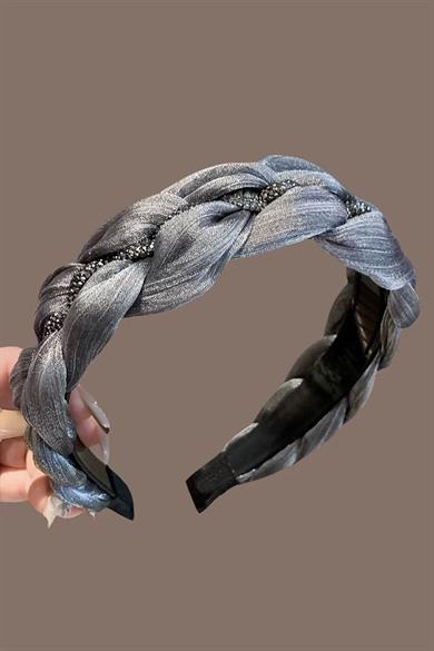 Gri Renk Taş Detaylı Örgülü Taç