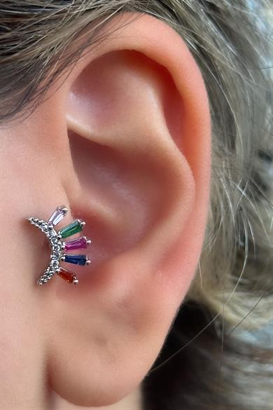 Gümüş Renk Taş Detaylı Çelik Tragus/Kıkırdak Küpe/Piercing (Tek)
