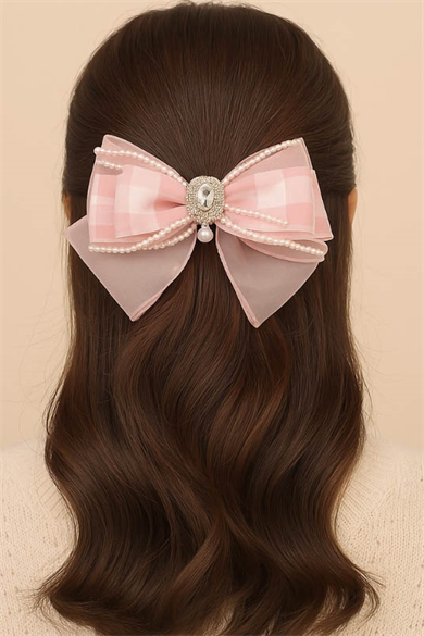 Pembe Renk Kurdele Figürlü İnci Detaylı Otomat Toka