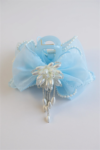 Mavi Renk Kurdele Figürlü İnci Detaylı Mandal Toka