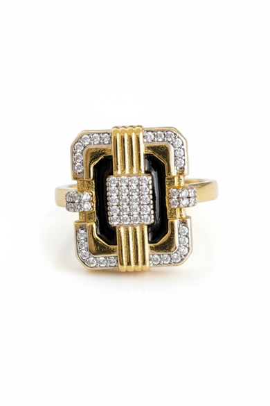 Altın Ve Siyah Renk Taş Detaylı 14K Altın Kaplama Ayarlanabilir Yüzük