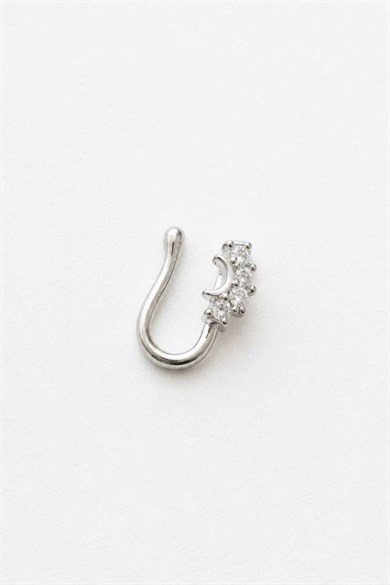 Gümüş Renk Taş Detaylı Cerrahi Çelik Deliksiz Kulak/Burun Piercing 