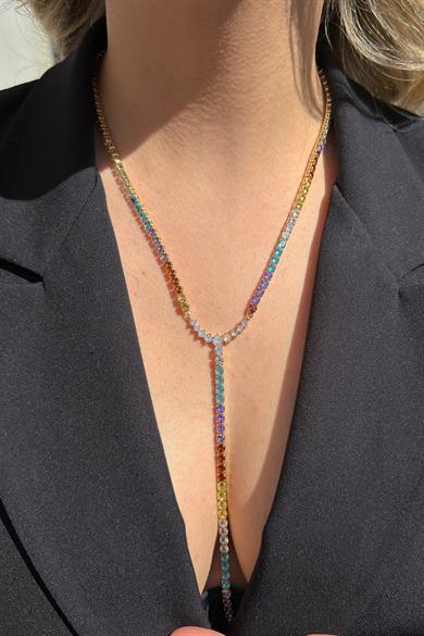 Altın Renk Renkli Taş Detaylı 14K Altın Kaplama Kolye