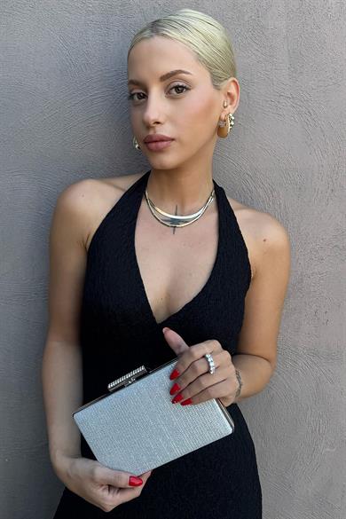 Gümüş Renk Simli Abiye Portföy Çanta