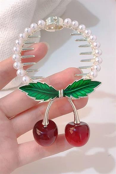 Altın Renk Kiraz Figürlü İnci Detaylı Sallantılı Topuz Tokası