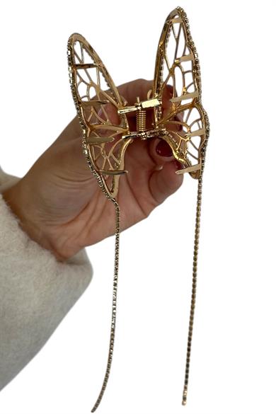 Altın Renk Kelebek Figürlü Taş Detaylı Metal Mandal Toka