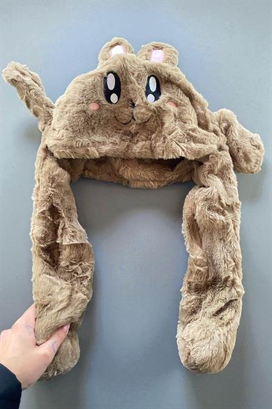 Kahverengi Tavşan Figürlü Kulakları Oynayan Peluş Şapka
