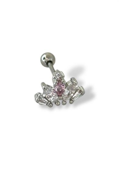Gümüş Renk Taş Detaylı Çelik Tragus/Kıkırdak Küpe/Piercing (Tek)