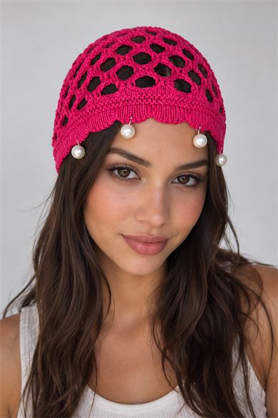 Koyu Pembe Renk İnci Detaylı Örgü Saç Bandana