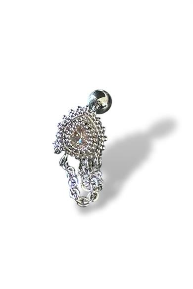 Gümüş Renk Taş Detaylı Çelik Tragus/Kıkırdak Küpe/Piercing (Tek)